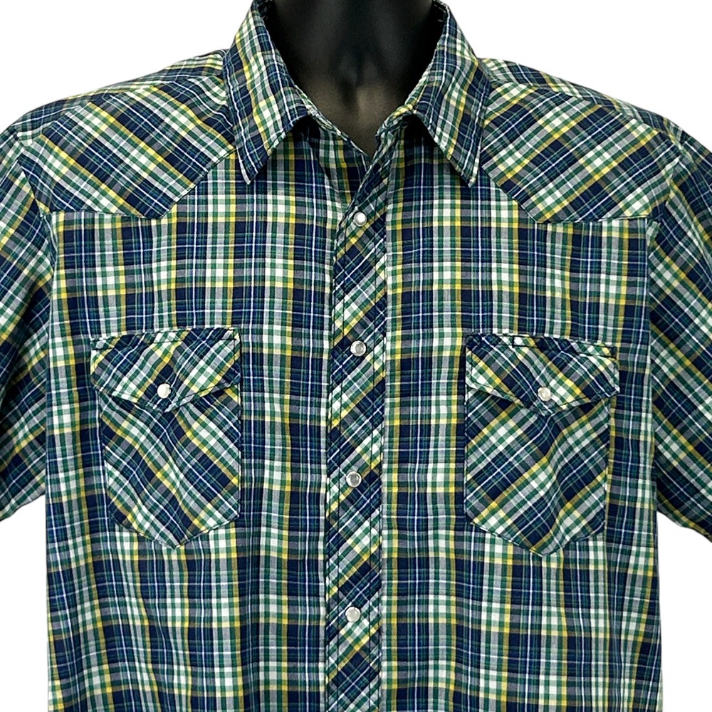 Vintage Wrangler Pearl Snap Shirt Cowboy Button Front Plaid Blue Mens XL X-Large